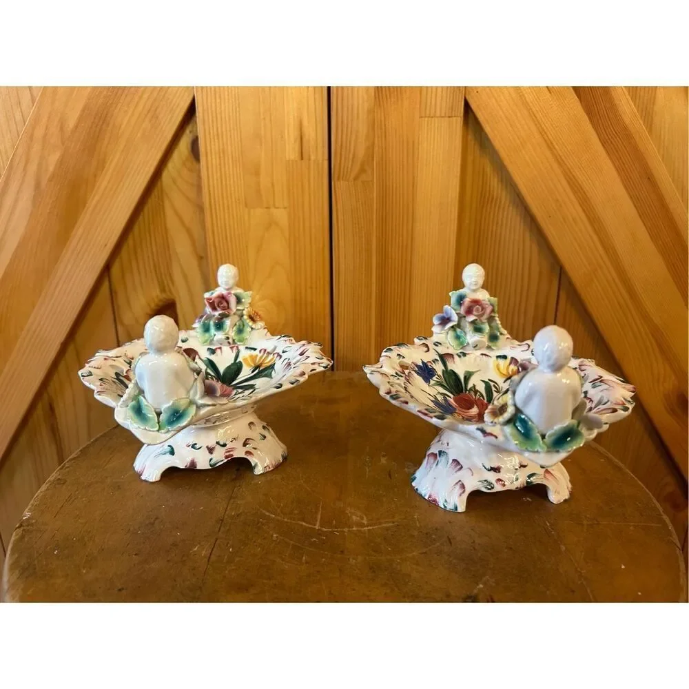 Hand Painted Ceramic Footed Centerpiece Bowls Made In Italy w/Cherubs & Flowers